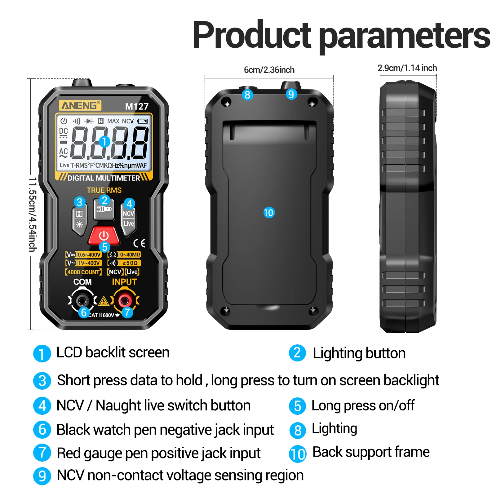ANENG M127 Smart Multimeter AC DC Voltage Tester with NCV Sensing Ohmmeter Zero-Fire Line Detection Electrical Meter Tools