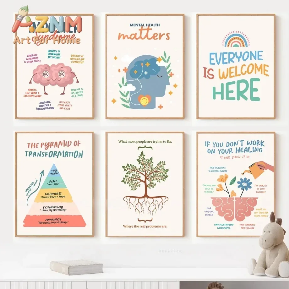 Mental health issues with hands and brain rainbow wall art oil painting poster decoration psychological hospital home decoration