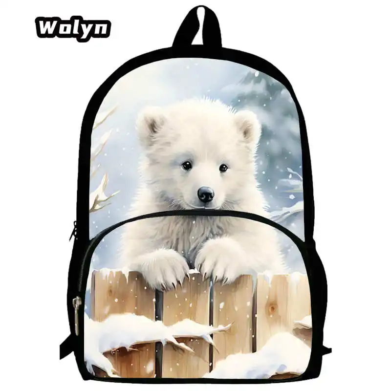 Mochila escolar con estampado de oso Polar para niños y niñas, morral escolar con diseño de animales para niños de grado 1-4