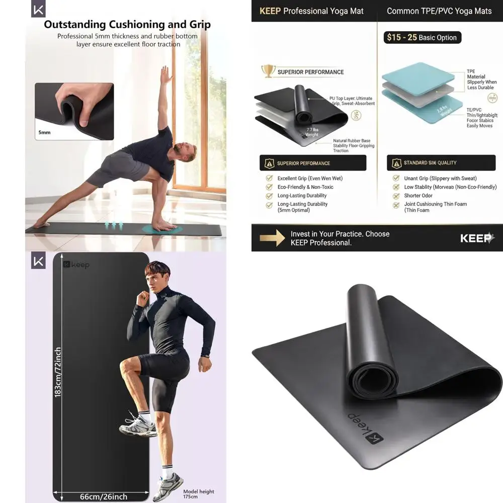 

Влагопоглощающий коврик для йоги толщиной 5 мм — премиум-качество из полиуретана и натурального каучука, 74x26, идеально подходит для горячей йоги, пилатеса, HIIT и домашних тренировок в спортзале.