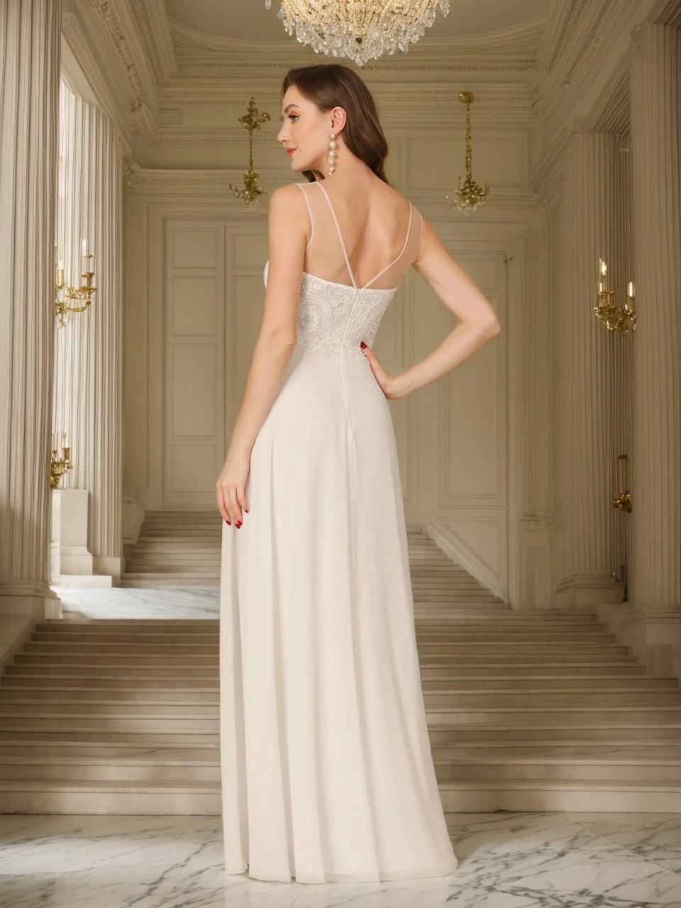 Długie sukienki damskie bez rękawów, seksowne, z iluzorycznym dekoltem typu O, odkryte plecy, aplikacje koronkowe, sukienki wieczorowe, szyfonowe sukienki na imprezę, studniówkę, w kształcie litery A.