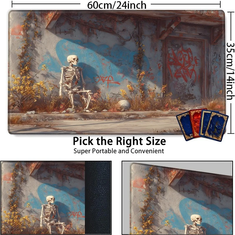Skeleton figurine TCG game mat with cracked sidewalk and heart graffiti patterns. Suitable for TCG collectors, game enthusiasts