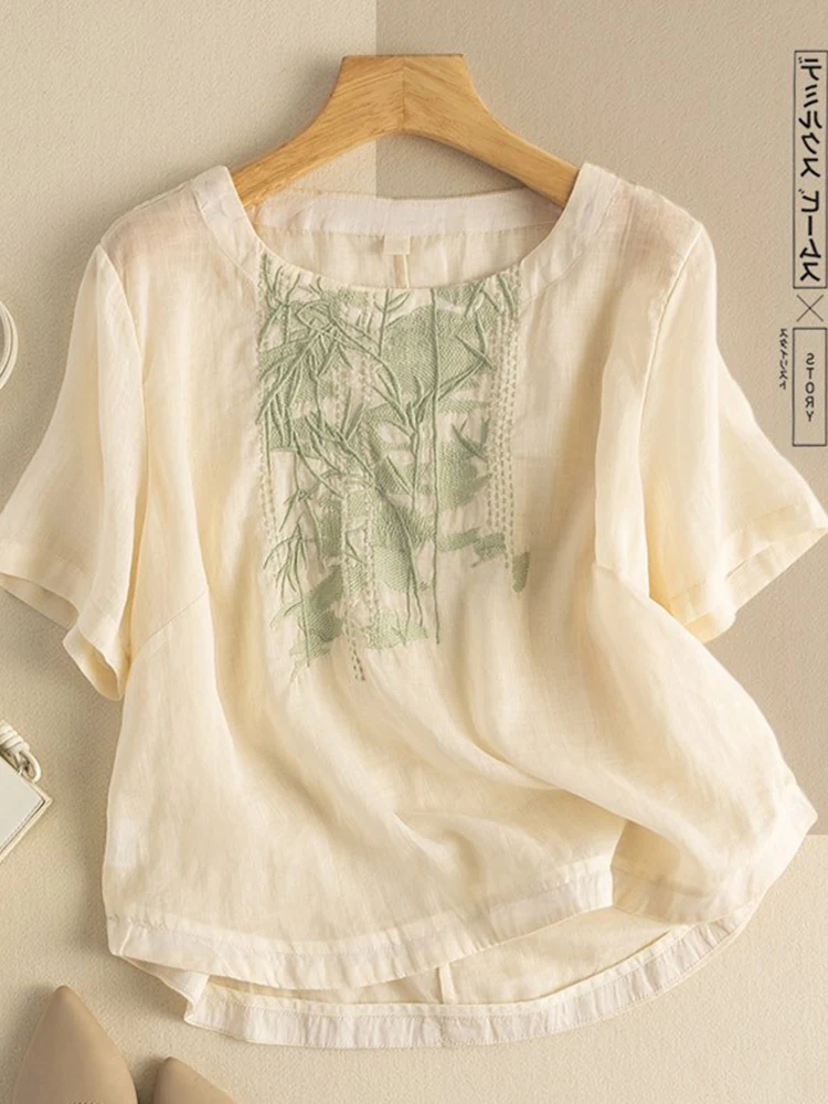 

Retro Embroidered Cotton Linen ort Sve T-irt Women's Loose Fit Summer round Ne Plant Floral Pattern Commute Sle
