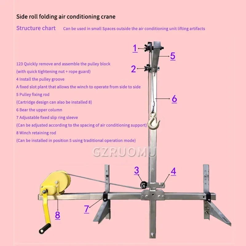 Ferramenta de elevação, Guindaste, Dobrável, Travamento automático, Guincho manual, Conjunto de ar condicionado, 10 m, 15m