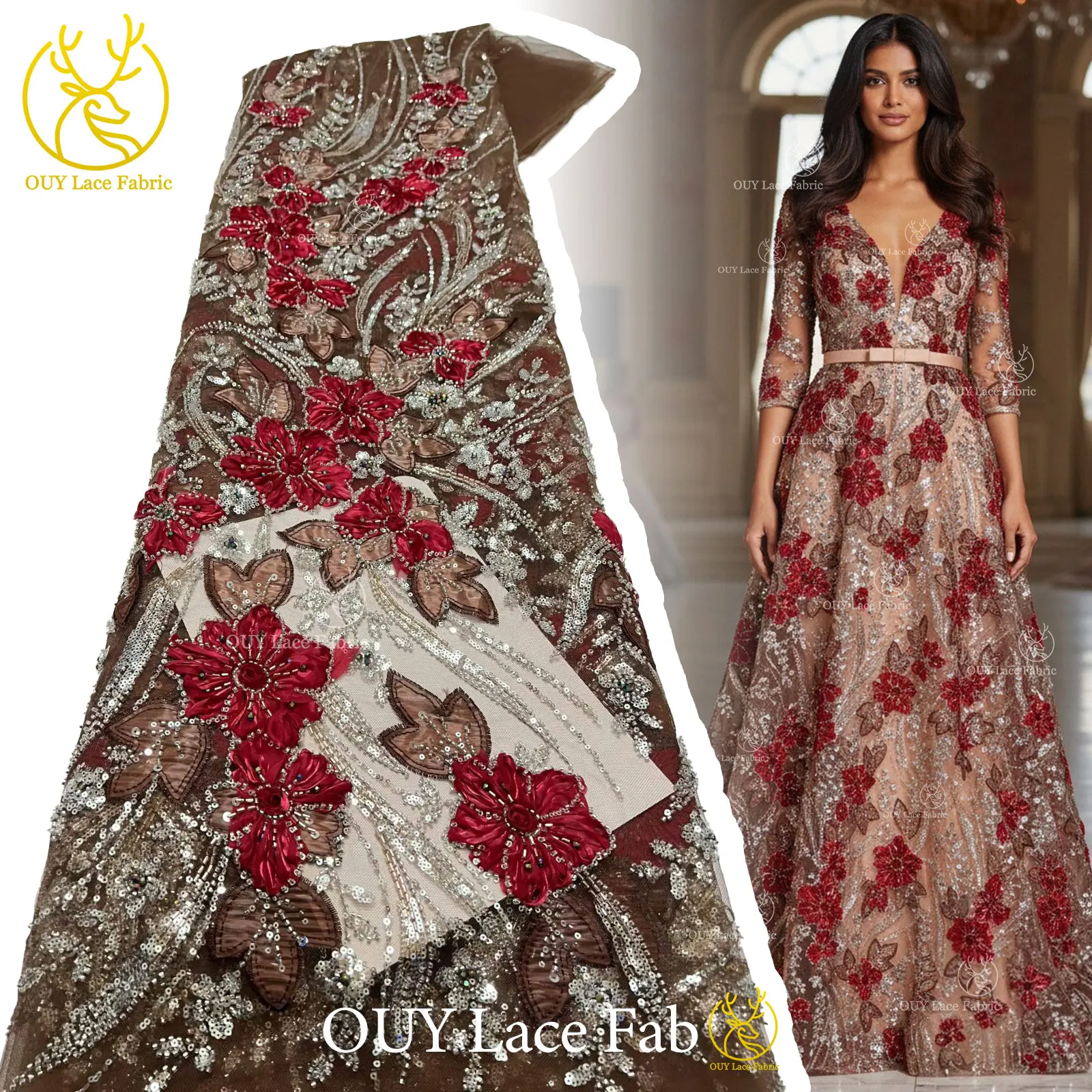 

2026 Luxury French Tulle Mesh Sequins Beaded Lace Fabric High Quality Coffee African 3D Lace Fabric Nigerian Wedding Party Dress