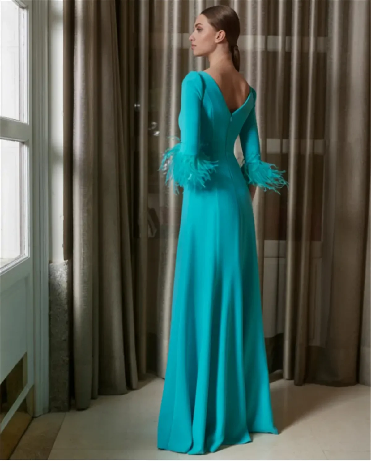 Elegant Green A-Line Evening Dress Feather Long Sleeved Chiffon Ball Dress Special Occasion 2024 Custom Dress فساتينللمناسباتالر