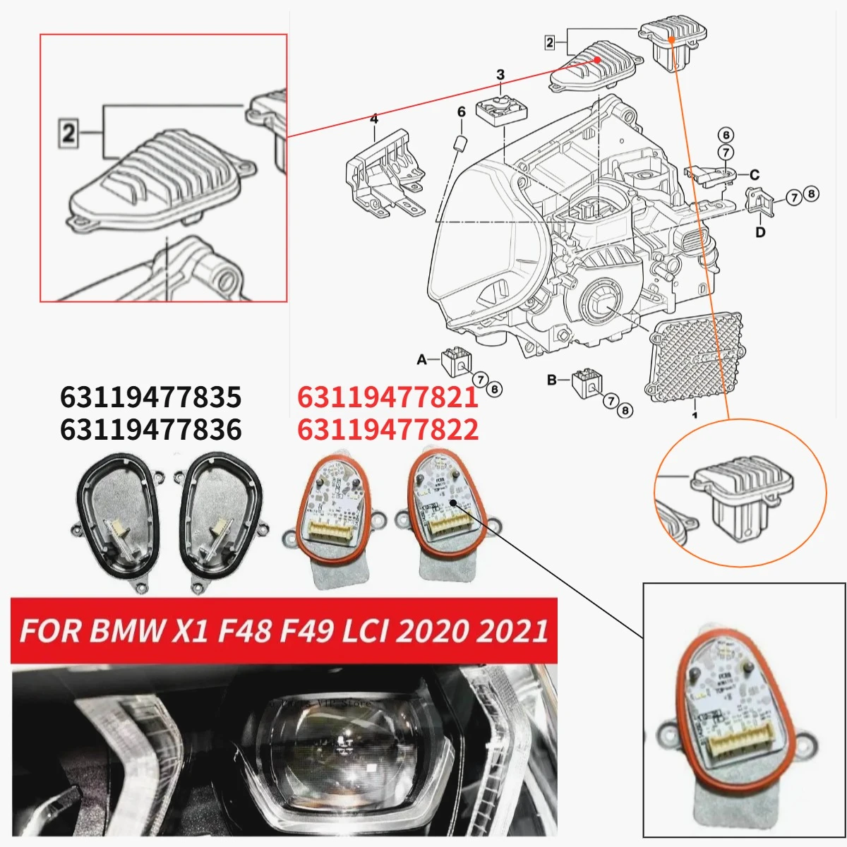 63119477821 63119477822 63119477835 63119477836 For BMW X1 F48 F49 LCI 2020 2021 Brand New LED Daytime Running Lights Module