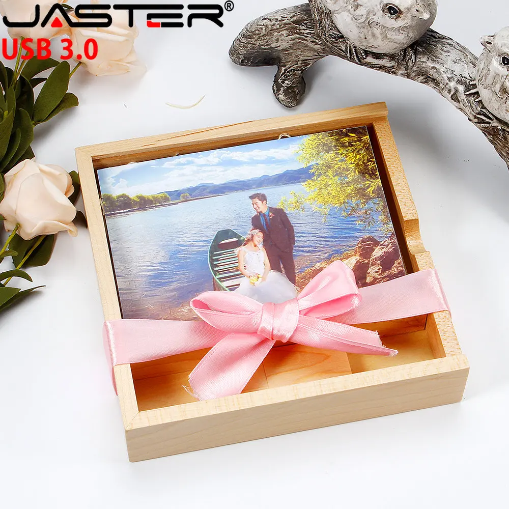 Jaster houten doos usb flash drives 128gb creatieve fotografie bruiloft cadeau 3.0 memory stick 64gb laser graveren pen drive 32g