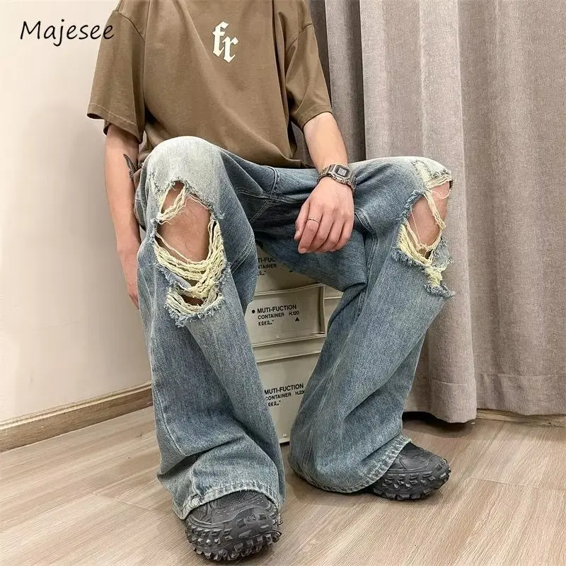 Flare Jeans Men Stylish Handsome Popular Spring Summer Hole Oversize Gradient Color Retro American Style Unisex Youthful Fashion