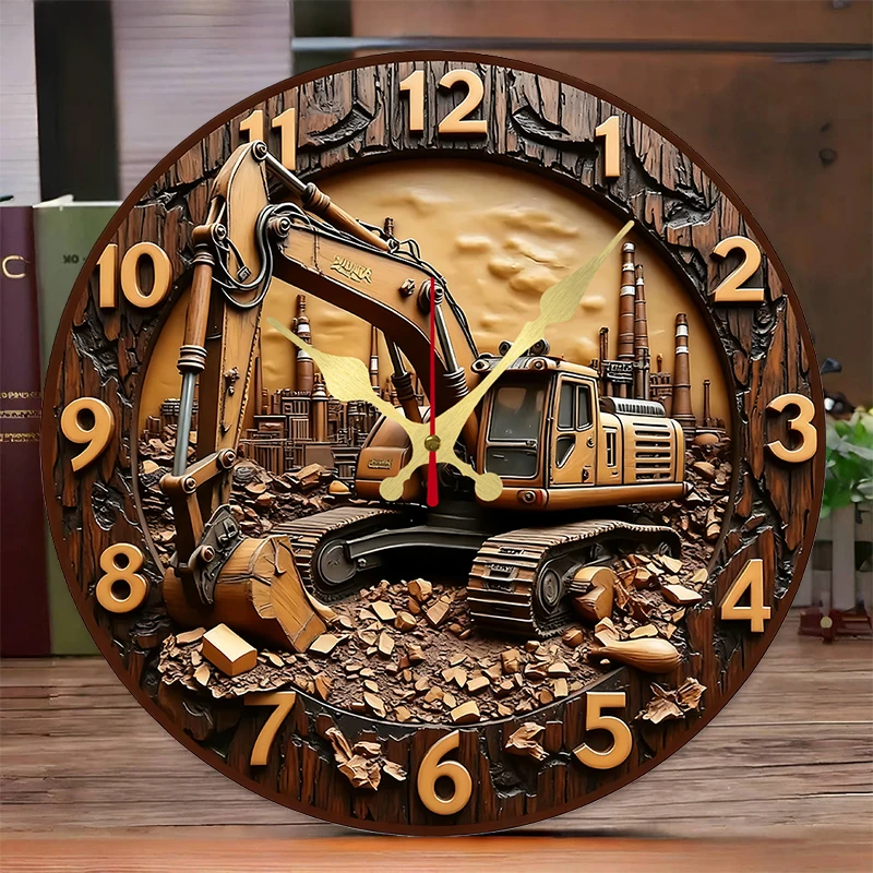 Excavator Industrial Wooden Round Silent Hanging Wall Clock, Suitable For Living Room,Office,Study Room,Bedroom, Home Decoration