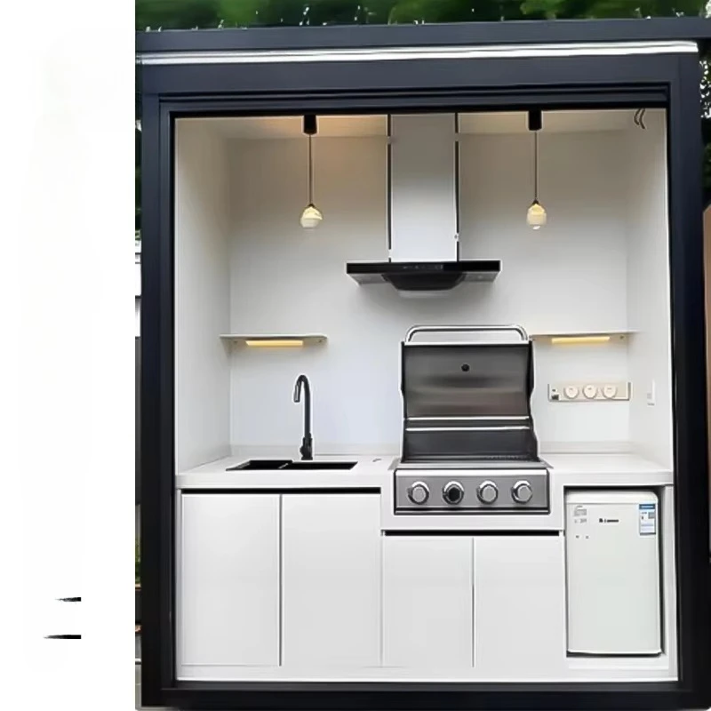 All Weather Patio Outdoor BBQ Kitchen Island With Motorized Flip Up Roof And Built In Sink Fridge And Storage