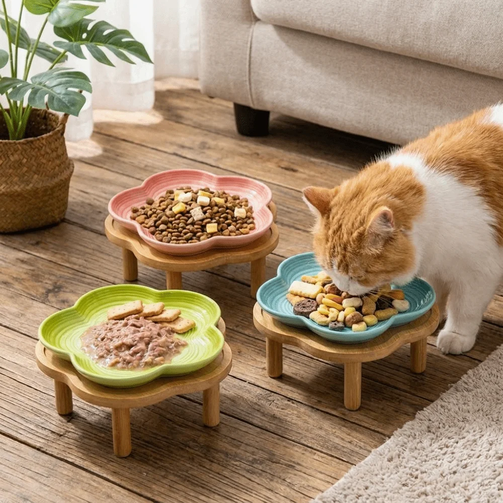 Large Capacity Ceramic Elevated Cat Bowl Cervical Spine Protection Anti-slip Pet Drinking Feeder with Wood Stand Anti Tipping