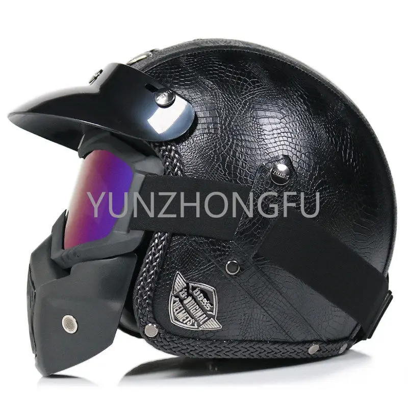 

Helmet Male Electric Car Bow Retro Machine Handmade PU Leather 3/4 Half Helmet Four Seasons Female Grey Crown Prince Adul