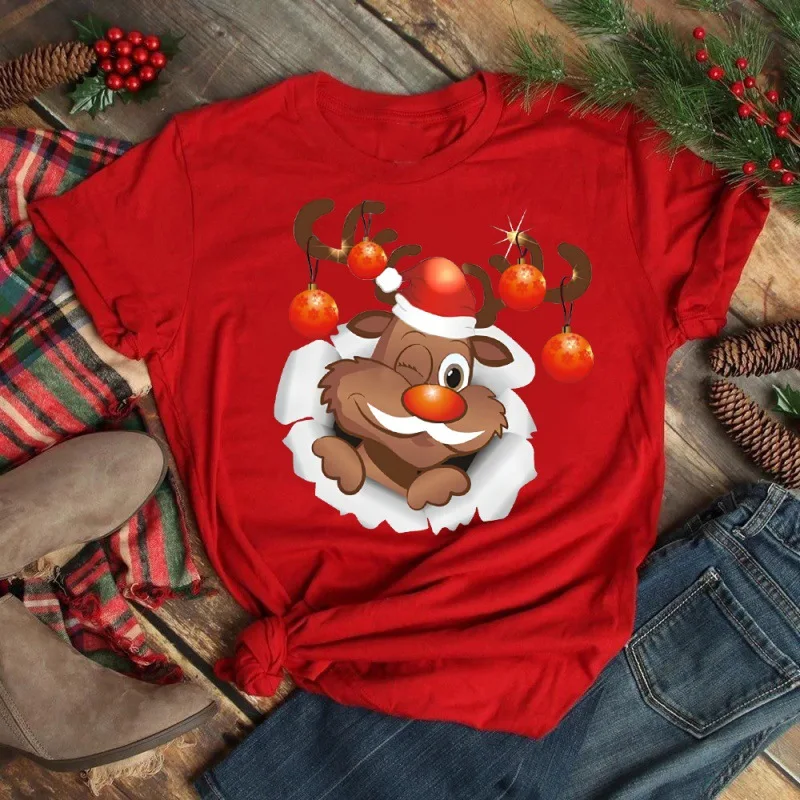 

2025 Merry Christmas Women's Short sleeved T-shirt Christmas Tree Santa Claus Letter Print Simple Trendy Trend Women's Clothing