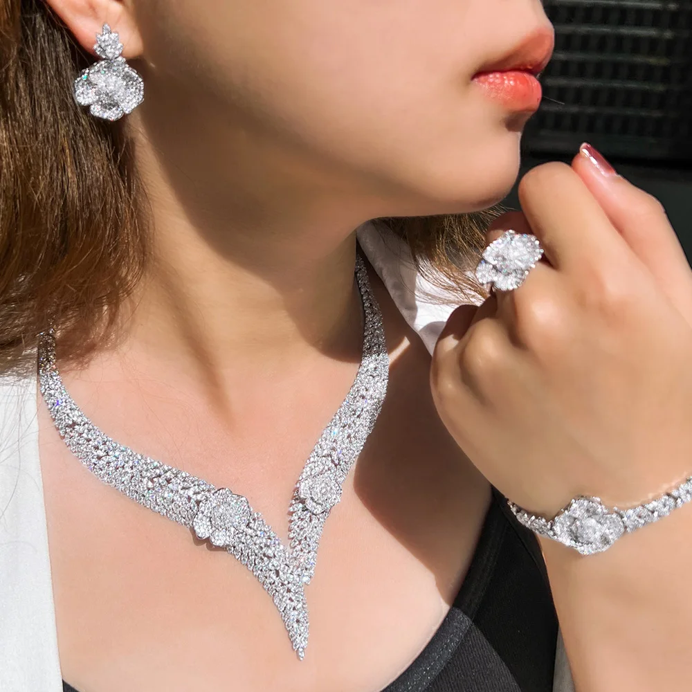 

Pera Luxury 4Pcs Bridal Wedding Party Jewelry Sets Clear White Gold Color CZ Long Drop Flower Necklace Earrings for Women J559