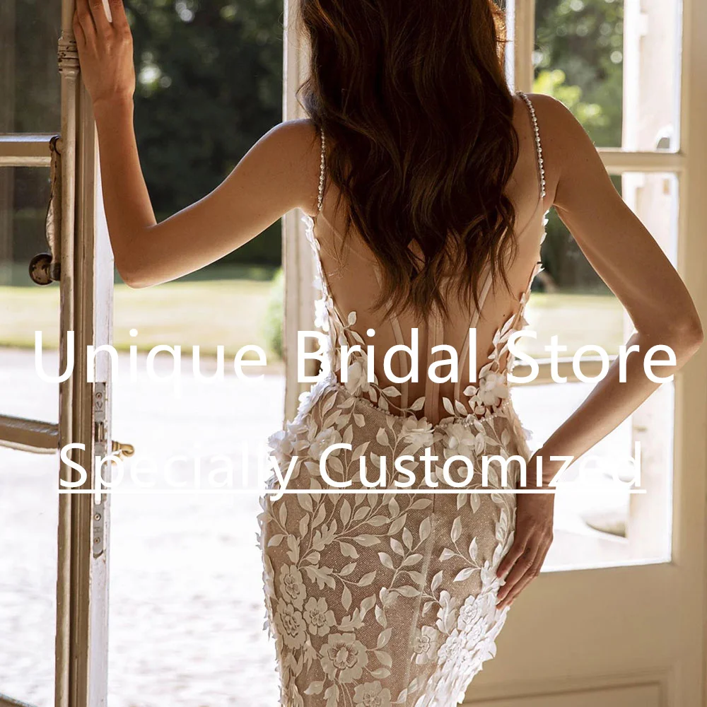 Vestido de novia de sirena champán personalizado, apliques de tirantes finos con cuello en V, vestido de novia Sexy con cremallera, espalda sin mangas