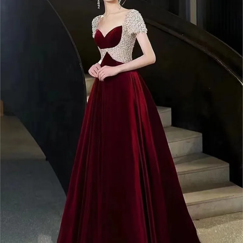 Wine red heavy industry velvet toasting dress slimming banquet super flash