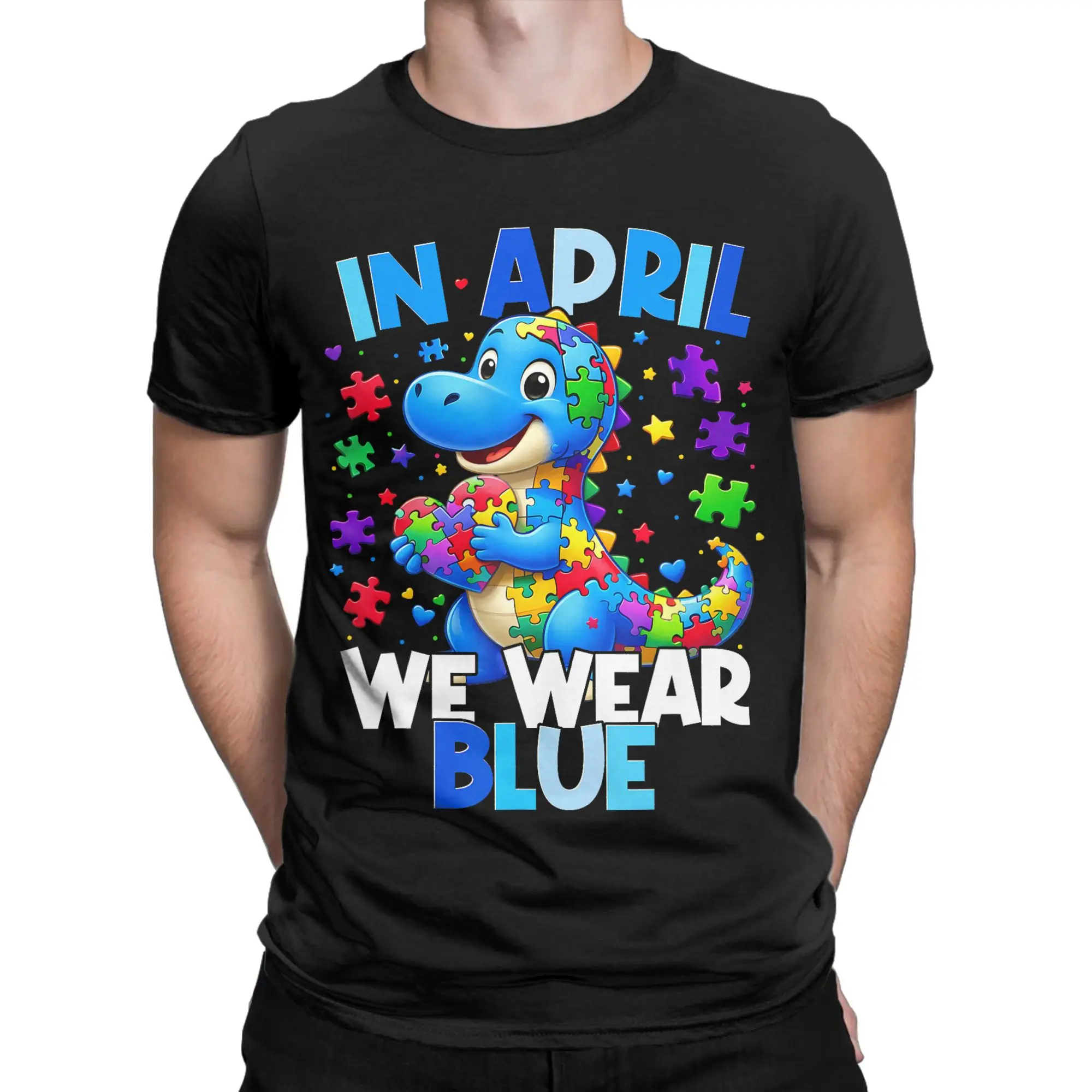 April We Wear Blue Autism Awareness T Shirts Men 100% Cotton Leisure T-Shirt Crew Neck  Tee Shirt Short Sleeve Tops Printing