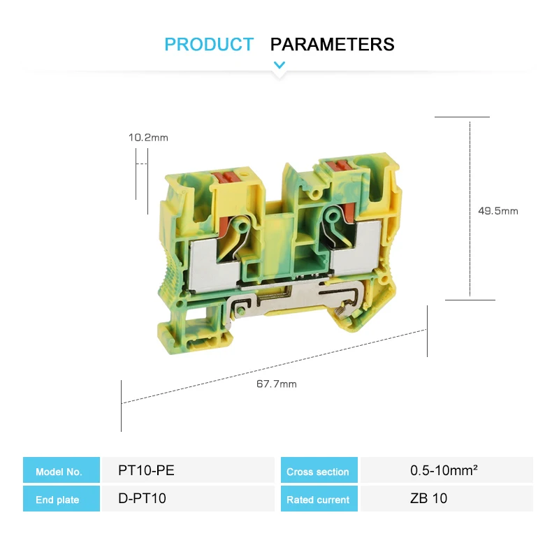 PT10-PE Push-in Ground Feed Through Din Rail Terminal Block 10mm² Protective Earth Plug Wire Electrical Connector PT 10-PE