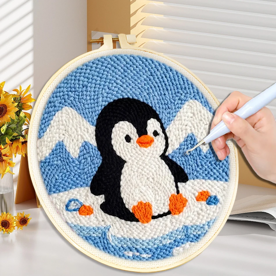Snow Penguin Punch Needle Embroidery Kit DIY Craft Yarns Embroidery Set for Beginner Cross Stitch Home Painting Christmas Gift