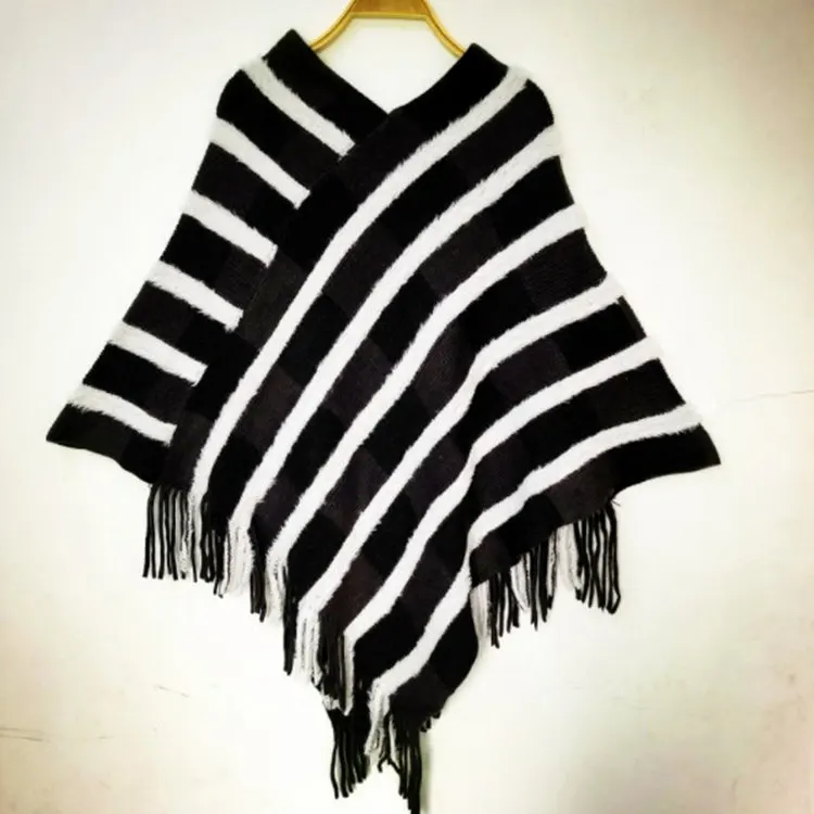 

Autumn Winter Tassel Shawl Warm Stripe Pattern Warm Poncho Lady Capes Black Cloaks