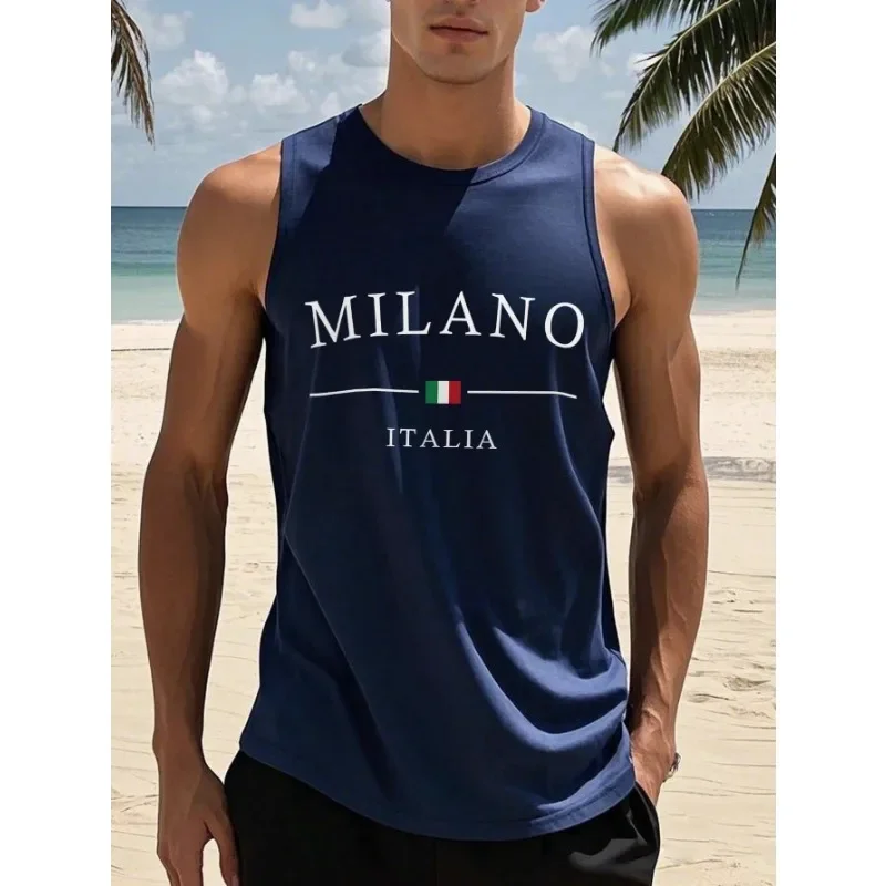 

2025 New Men's Summer 100% Cotton Fashion Milan Letter Printed Loose and Comfortable Round Neck Sleeveless Tank Top