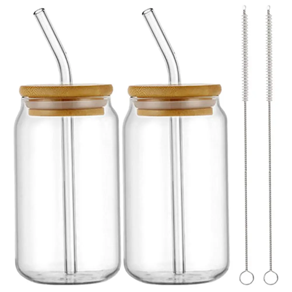 

2 комплекта стеклянной банки, чашки из премиум-класса, гладкий край, прозрачный дизайн для кофе, сока, молока, газировки, бамбуковой крышки, соломинки в комплекте для семьи