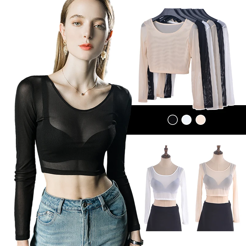 Women Basic Long Sleeve T-shirts Trendy All-match Perspective Mesh Bottoming Shirts Classic See-through Ballet Dance Crop Tops