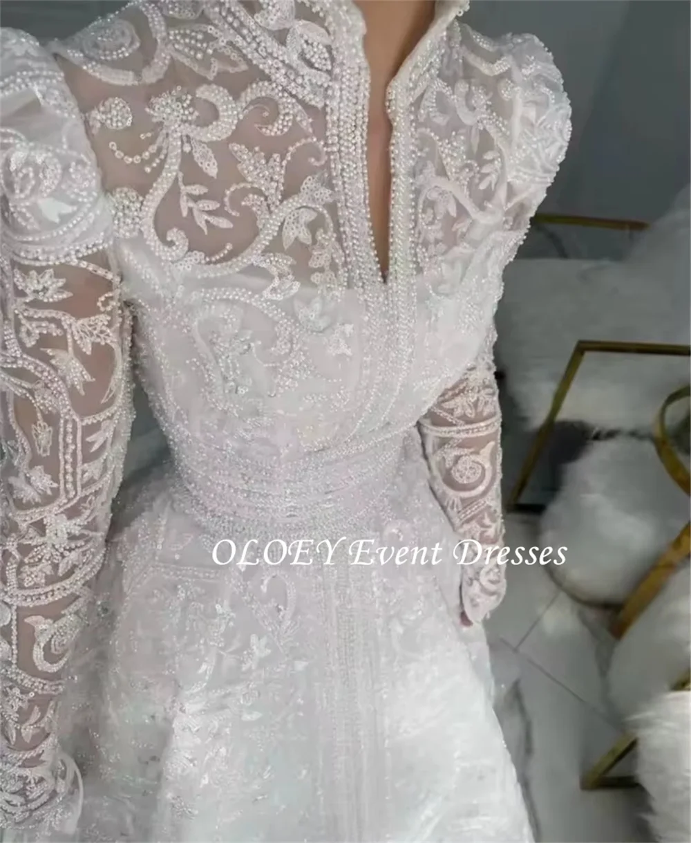 OLOEY Luxury Beading A Line Wedding Dresses Full Puff Sleeves Floor Length Bridal Gowns Customized Zipper Buttons Back Arabic