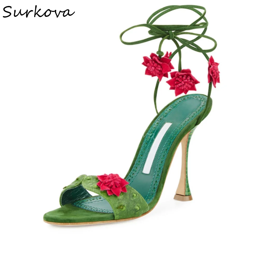 

Winding Butterfly Knot Flower Sandals Women Round Toe Stiletto Heel Ankle Strap Green Sexy Sandals 2025 New One Word Belt Sandal