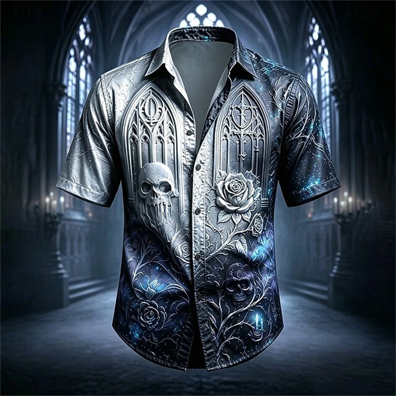 2026 New Men's Trendy Short-Sleeve Shirt Spooky Skull Castle Halloween Collared Short-Sleeve Shirt Party Button-Down Shirt
