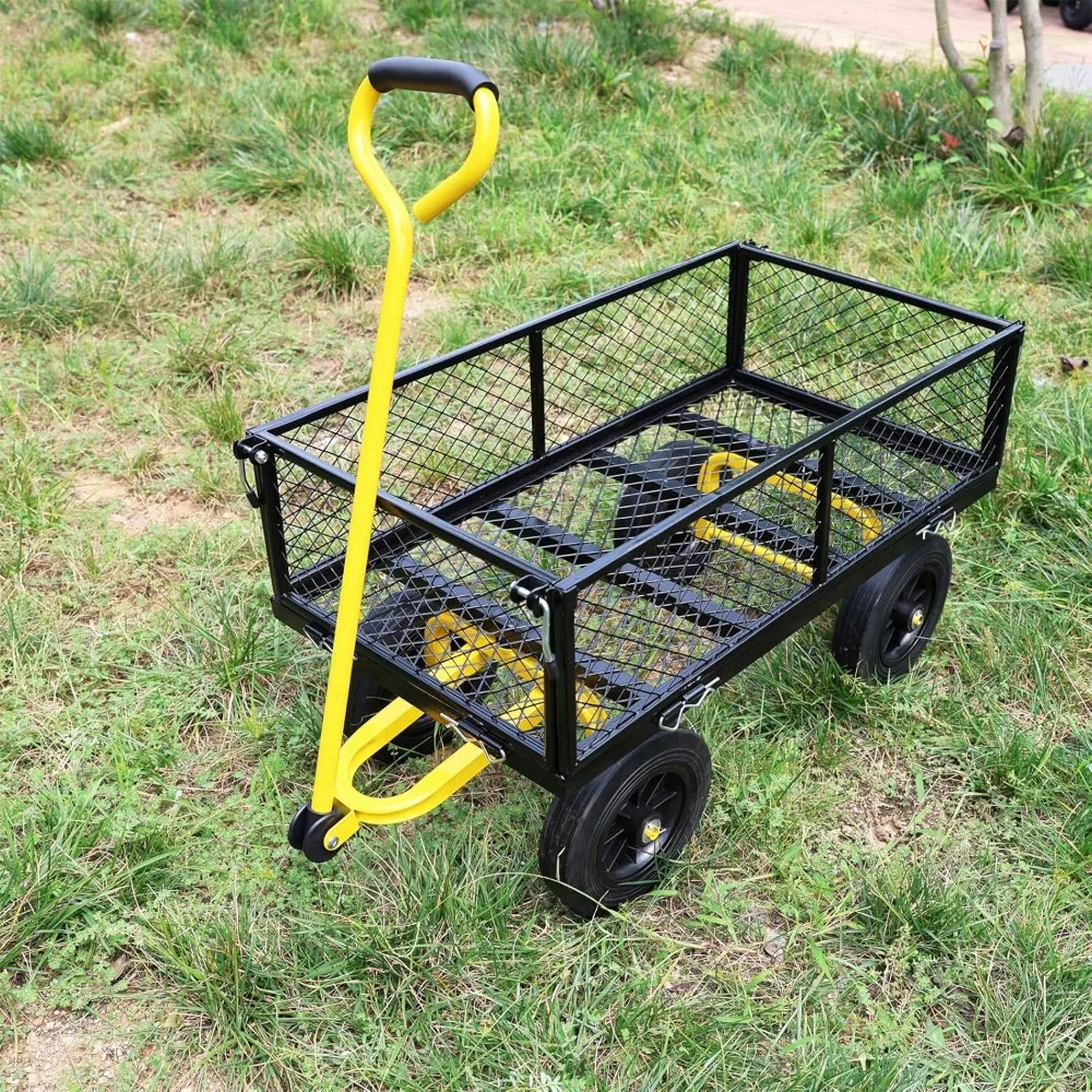 Farm and Garden Utility Wagon - Removable Sides, Heavy-Duty Dump Cart with Yellow and Black Wheels
