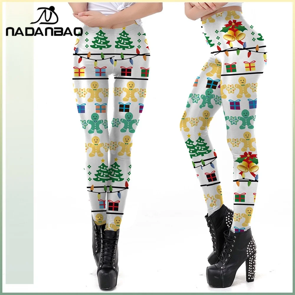 

Nadanbao Рождественская елка Брюки с пряничным принтом Красочные леггинсы с рождественским узором Женские брюки для праздничной вечеринки Колготки для фитнеса