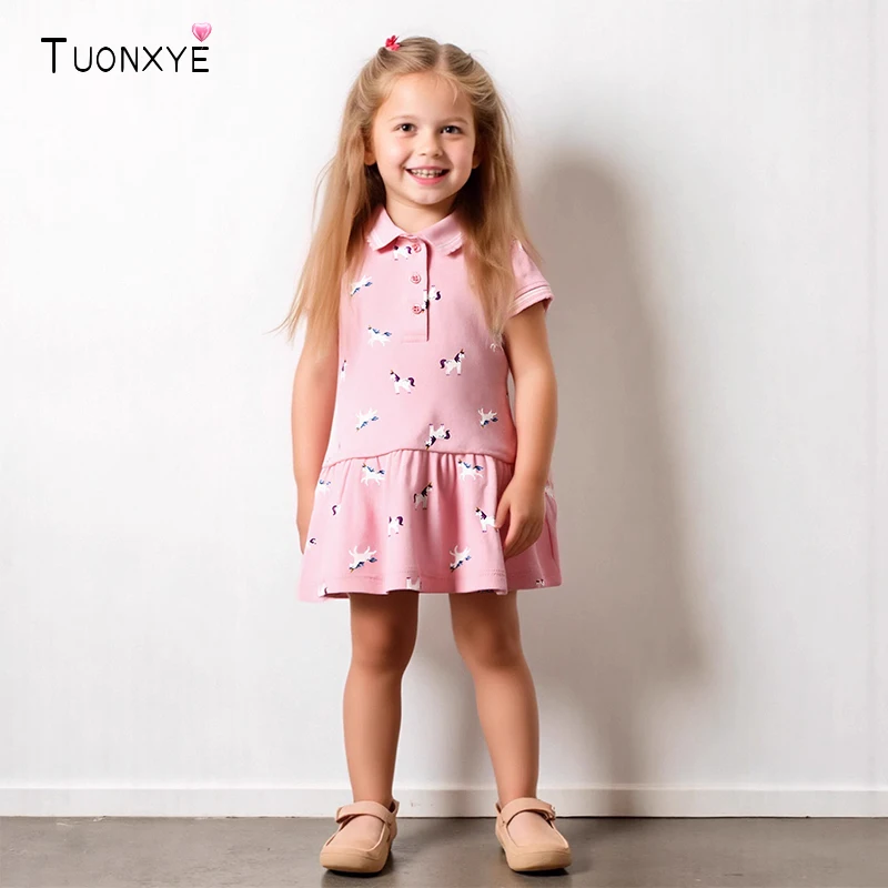 TUONXYE Baby Mädchen Polokleider Sommer Mädchen Casual Kurzarm Kleider für Kinder Baumwollkleider Einhorn Kinderkostüme