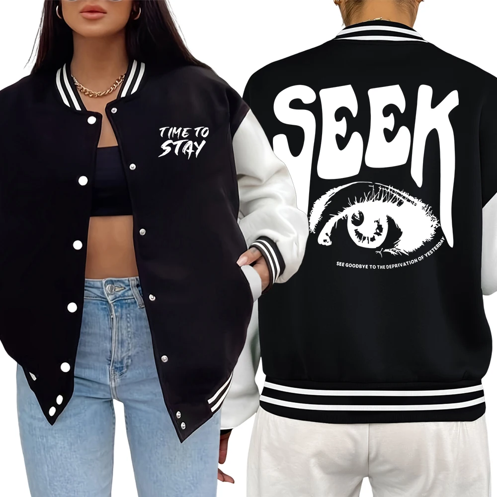 

Seek Anticipated Gaze Printing Women Jacket Casual American Top Fashion Warm Baseball Jersey Autumn Loose Unisex Clothing