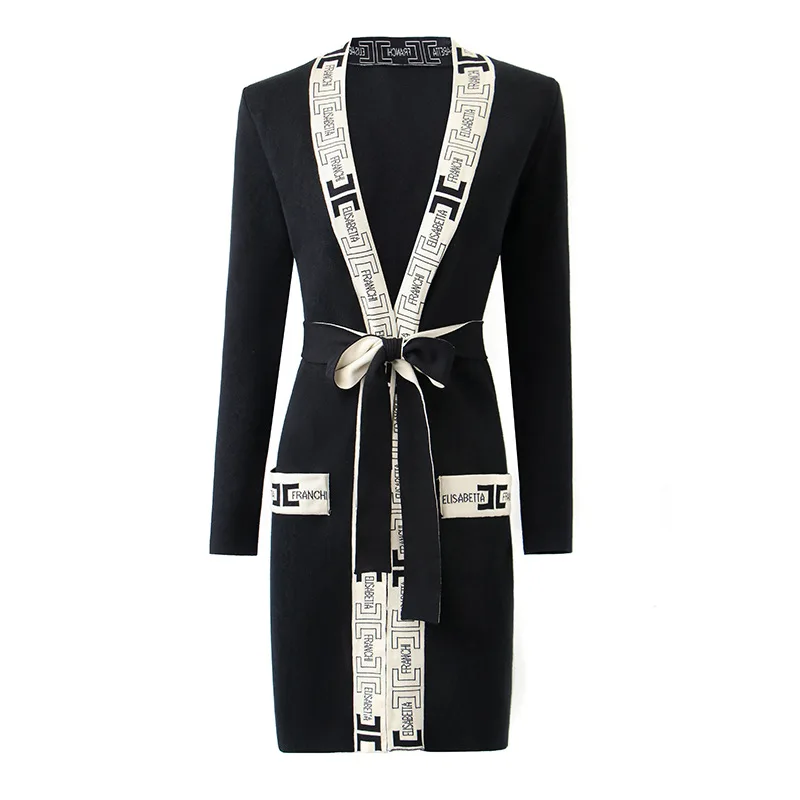 

French black patchwork letter knitting trend cardigan lace-up high waist MIDI dress solid color temperament dress