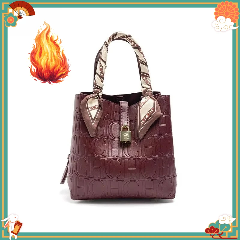 ch-new-tote-bag-embossed-logo-silk-scarf-decor-lock-buckle-burgundy-fashion-women-casual-daily-handbag-bolso-boda-grandes
