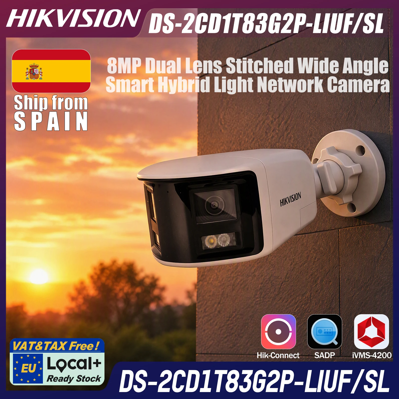 DS-2CD1T83G2P-LIUF/SL Hikvision Local+ telecamera bullet PoE 4MP+4MP doppia lente 180° grandangolo, 30m Smart Hybrid Light, strobo e allarme audio, audio bidirezionale, rilevamento uomo/veicolo, 120dB