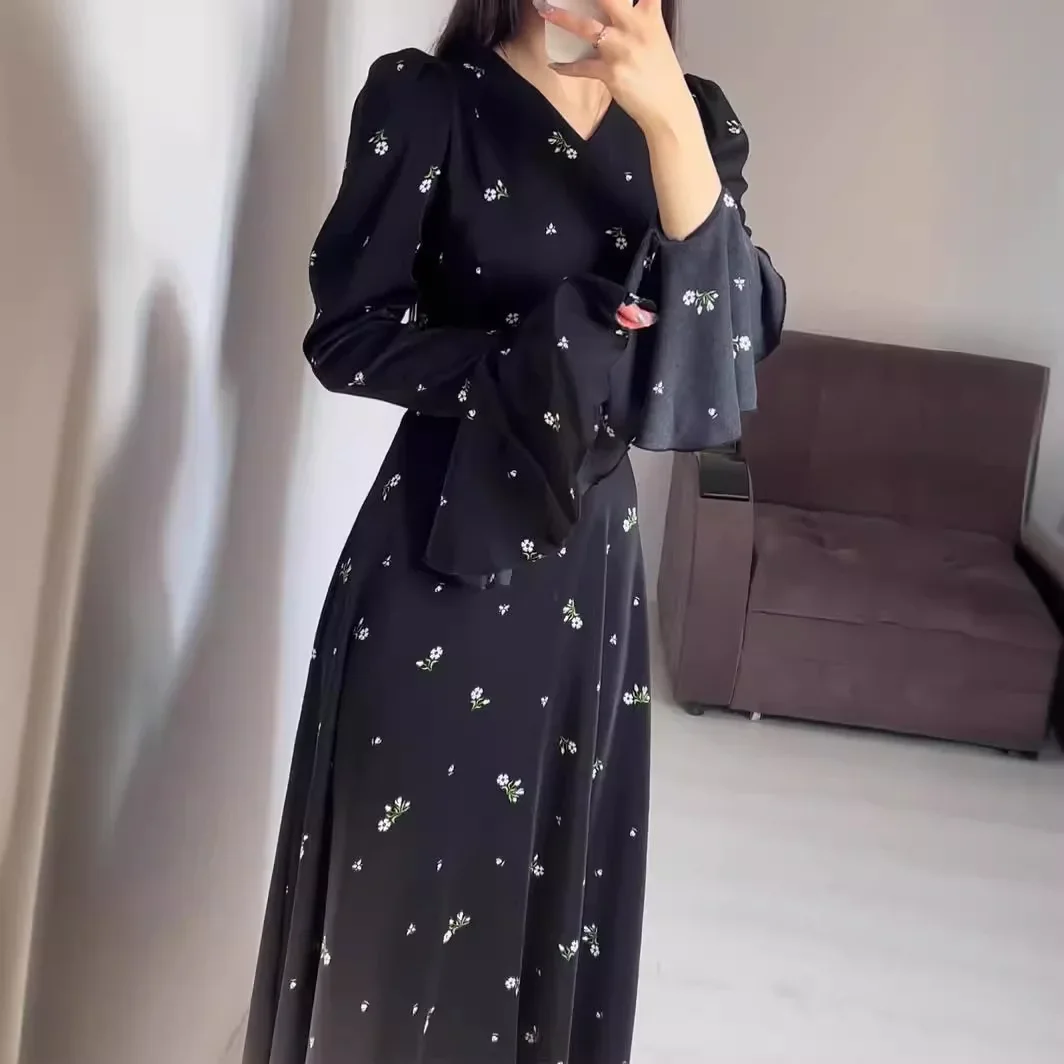 Maxi abiti da sera Casual femminili abito elegante da donna abiti a maniche lunghe con volant floreali a vita alta abiti da festa a maniche lunghe