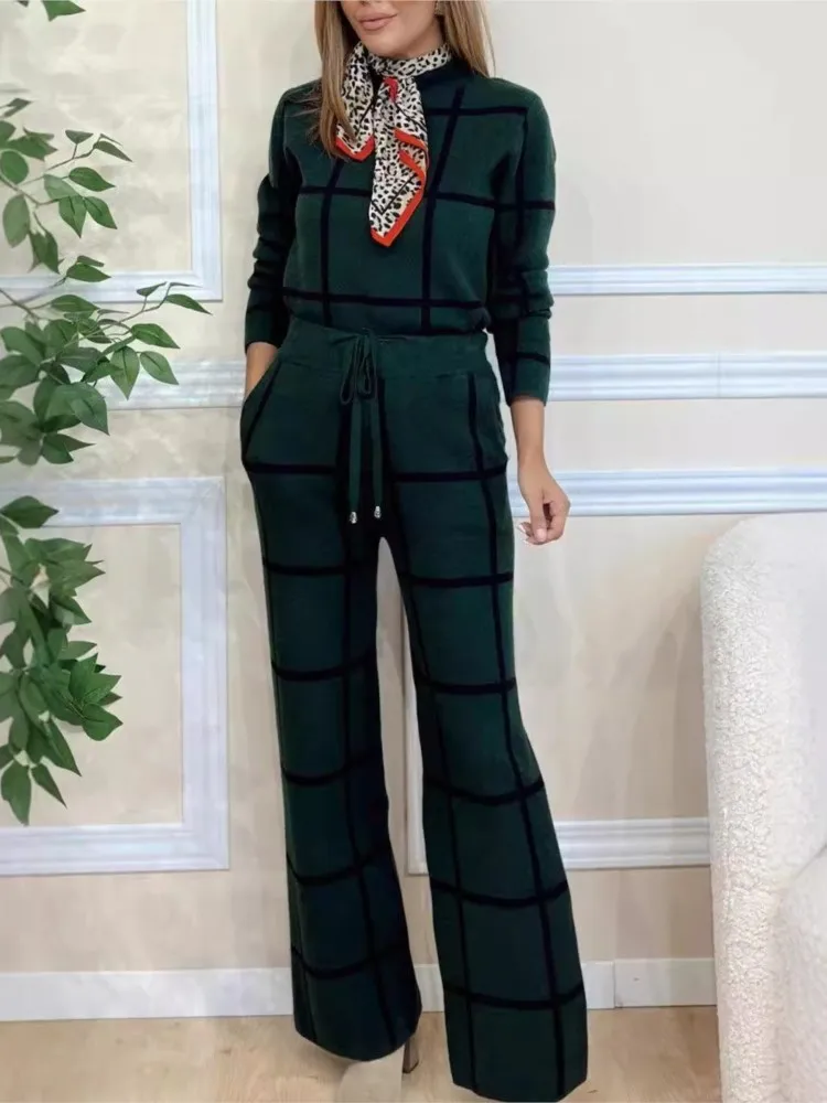 

Women's Fashion High-necked Long-sleeved Plaid Printed Wide-leg Trousers Two-piece Urban Style Comfortable Casual Trousers Set
