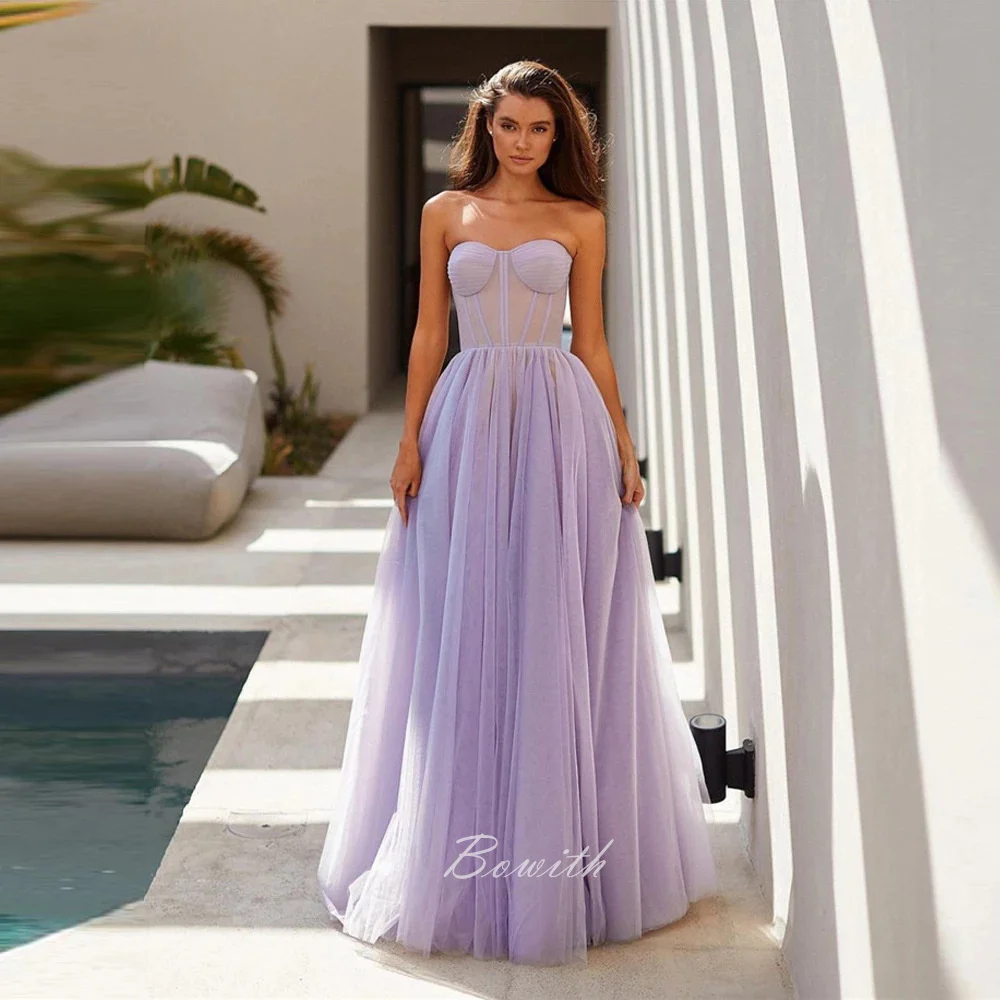 Bowith abiti da festa da ballo da donna senza spalline a-line abito da sera da sera in Tulle viola abito lungo fino al pavimento vestidos de noche