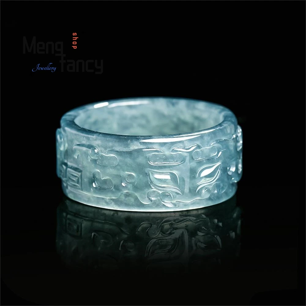 

Natural Jadeite A-grade Blue Water Taotie Antique Ring Ice-type Jade Couple Luxury Fashion Fine Jewelry High-grade Holiday Gifts