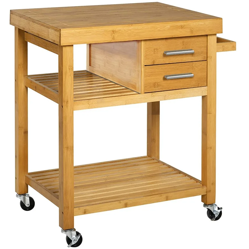 Rolling Kitchen Island Cart with Drawers Shelves, Towel Rack, Locking Casters, Butcher Block Food Prepping Cart Trolley