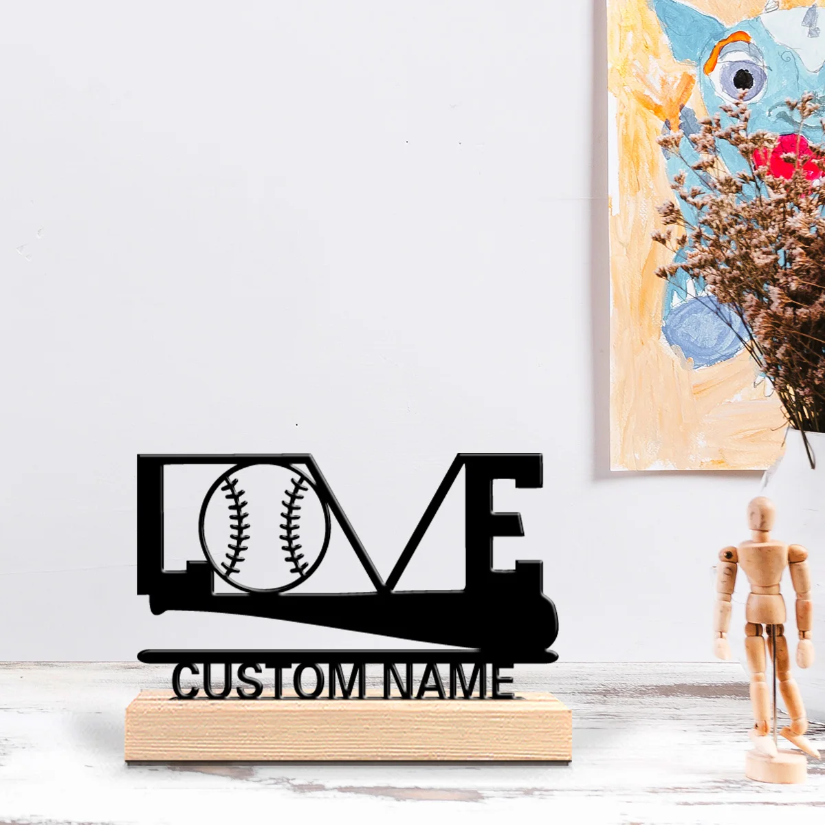 1pc Abstract love baseball Customized Name  Iron Ornament Art Figurine With Wood Base Iron Ornament For Girl Gifts