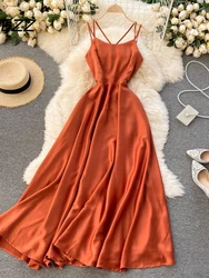 French Satin Dress Women Slim A Line Backless Bandage Boho Sexy Dresses Woman Elegnat Party Long Robe Vestidos De Mujer