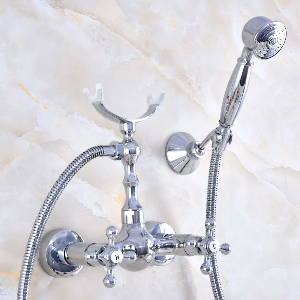 

Contemporary Chrome Brass Wall Mounted Bathroom Shower Faucet Set with 150CM Hose Handheld Spray Head Mixer Tap Dna723