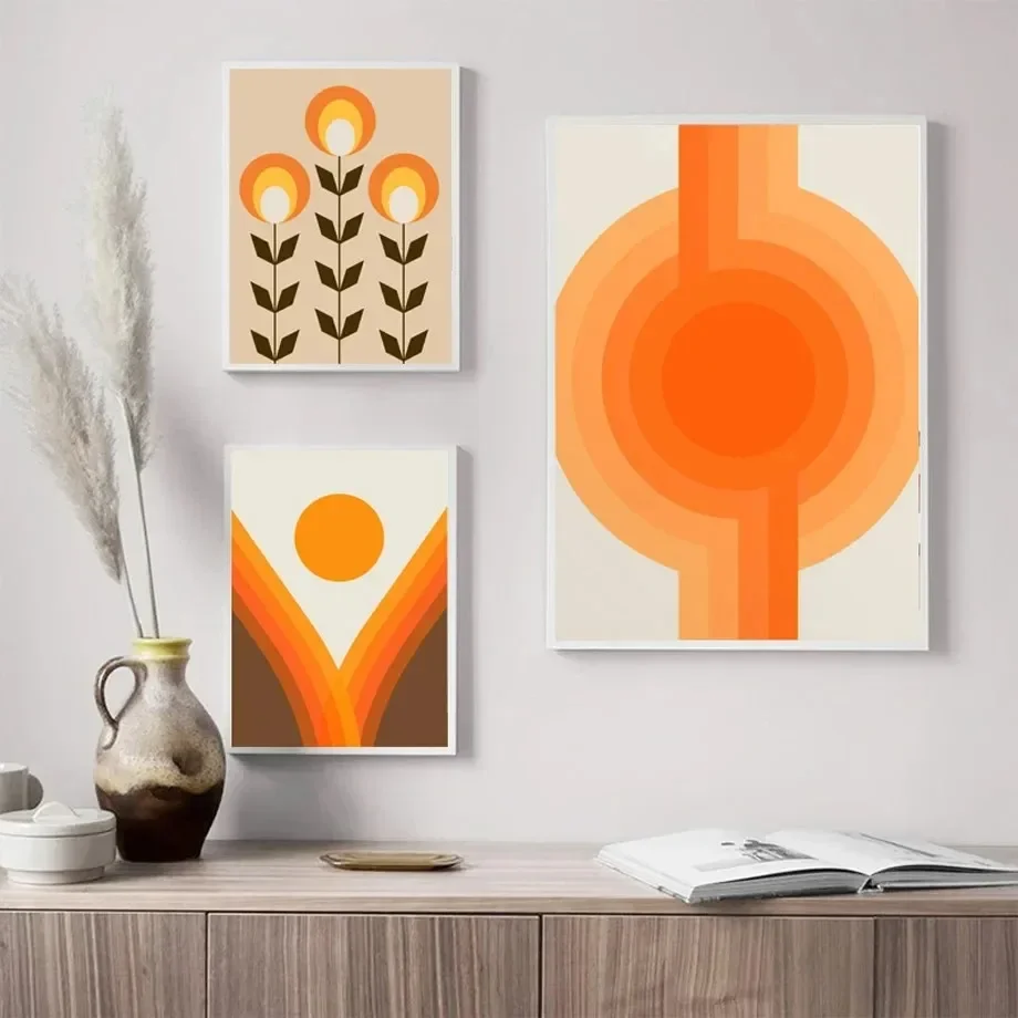 Abstract Shaped 70s Inspired Art Orange Lines Flowers Sun Wall Art Minimalist Print Canvas Painting Posters for Home Decor