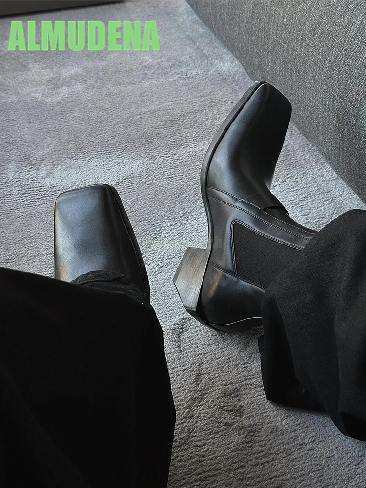 أحذية بمقدمة مربعة، كعب متوسط للدراجات النارية، أحذية عصرية للرجال والنساء بتصميم بسيط من الجلد وأكمام قصيرة #5