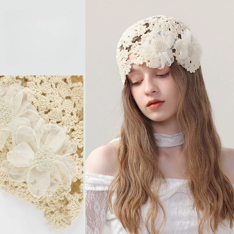 Y2K Breathable Hollowed Out Knitted Hat Four Seasons Lace Casual Beret Cap Summer Skullies Bonnets Hats for Women Gorro Hombre