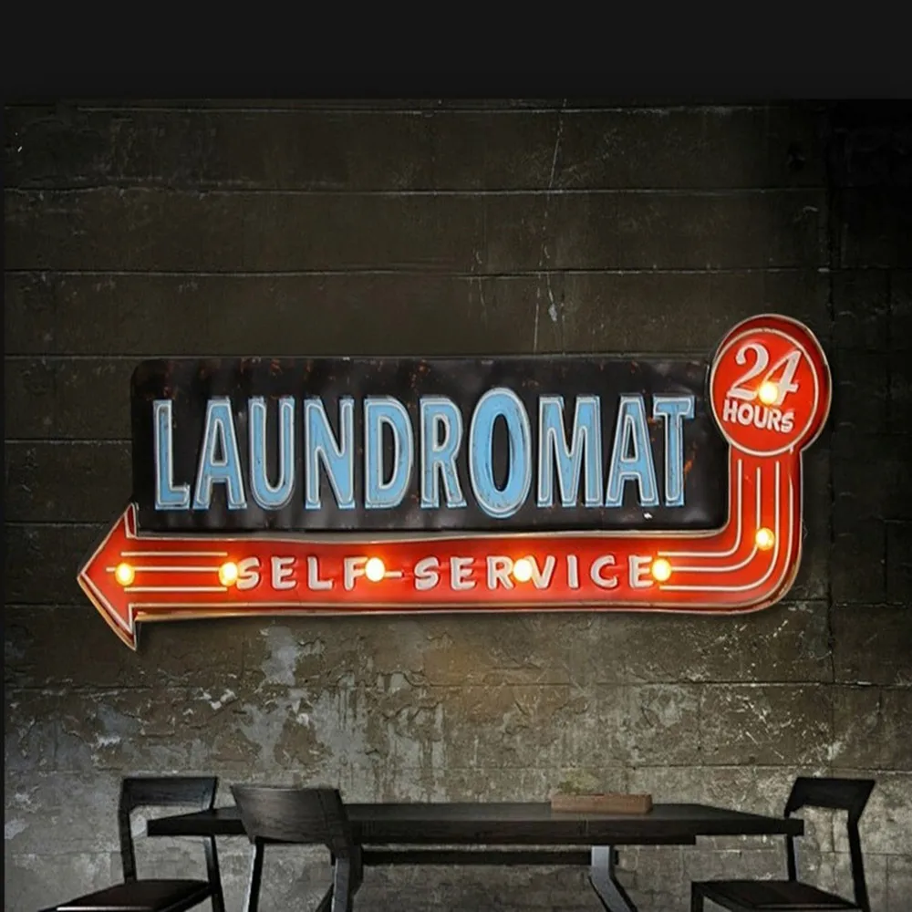 Vintage LED Light Metal Hanging Sign LAUNDROMAT Laundry Shop Art Wall Decoration Wrought Iron Wall Decoration Store Signs